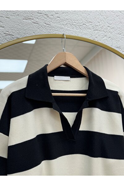 MİHRA STORE Ajla Thick Striped Collar Detail Knitwear Sweater-Zi̇5258 Black