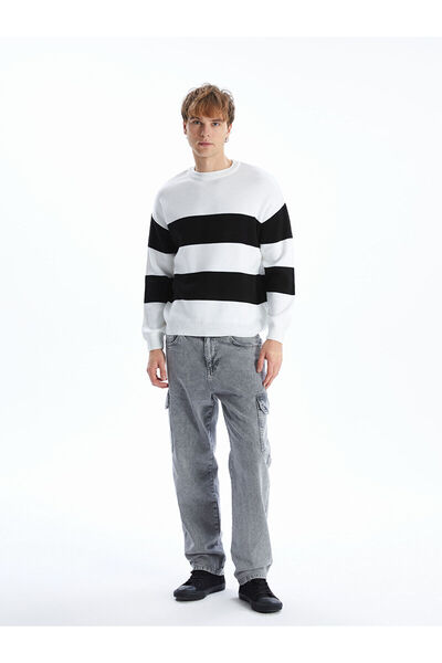 LC Waikiki Black Crew Neck Long Sleeve Striped Men's Knitwear Sweater