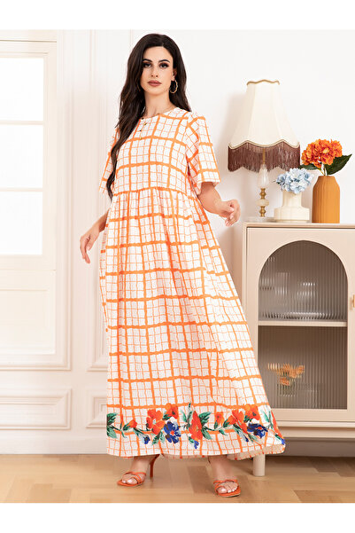 FridayIn Sweet Round neck Plaid Flowers Pocket Regular sleeve Long Dresses