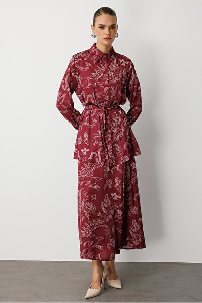 Mizalle Bordo Desenli Evaze Uzun Saten Etek