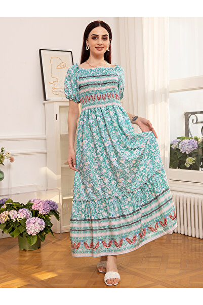 FridayIn Sweet Square collar Flowers Ruffle Pos-flower Princess sleeves Long Dresses