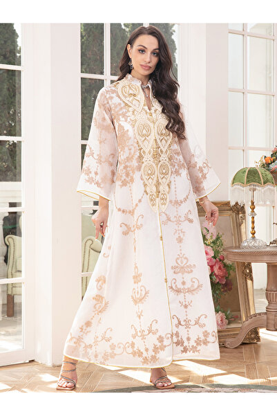 FridayIn قفطان أنيق بياقة على شكل حرف V وطباعة بلون سادة وتطريز على شكل زهرة ...