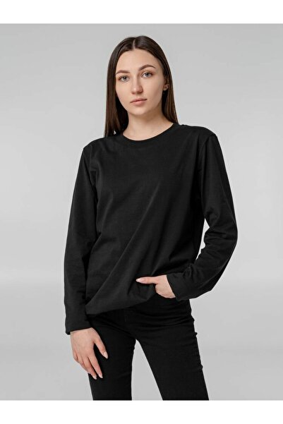 ELNOYA سويت شيرت أسود قصة فضفاضة باسيك مريح بأكمام طويلة للجنسين