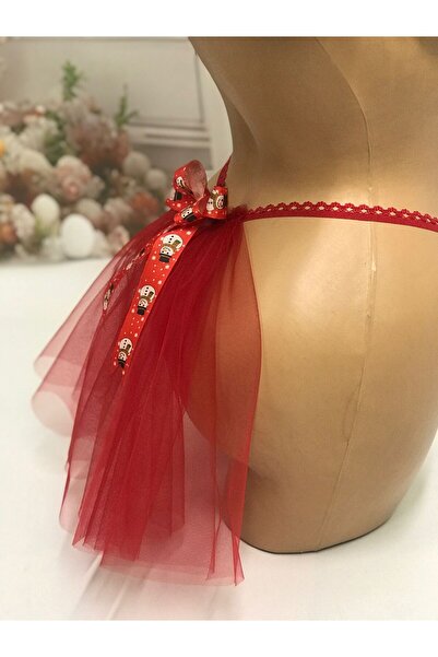 MadyaButik Christmas, New Year, Red Velvet Thong with Tulle Back and Snowman Ribbon Detail, String Model