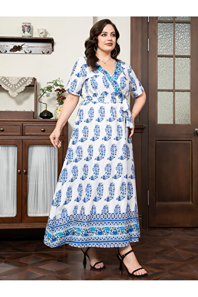 FridayIn Elegant style V-neck Flowers Splicing Lining Regular sleeve Plus Size Dresses