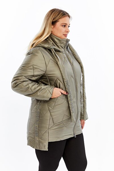 RMG Large Size Hooded Quilted Puffer Jacket Khaki