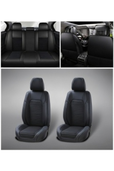 DELUXETUNING Set huse scaune compatibile cu Dacia Logan III (2021->), față și spate, piele ecologică neagră cu detalii negre