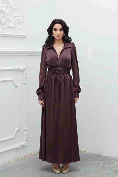 Serica Moda Coffee V-Neck Tie Waist Satin Dress
