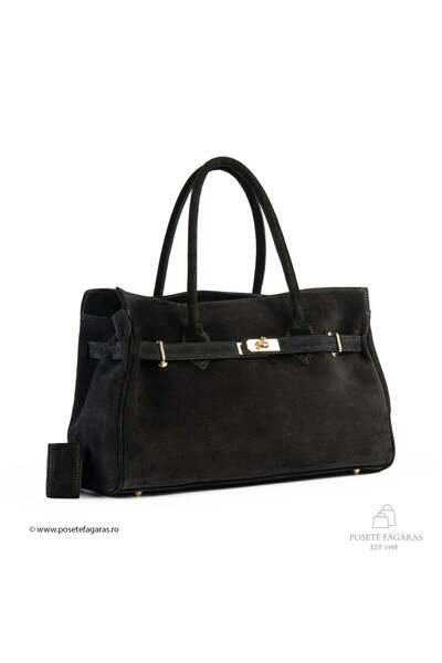 Posete Fagaras Poseta Piele Celina - Piele Intoarsa - Negru, 3 Compartimente, 2 Buzunare, Bareta Nereglabila