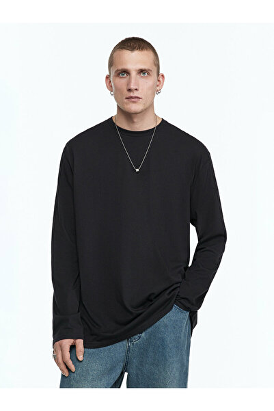 ELNOYA سويت شيرت أسود قصة فضفاضة أساسي يومي بأكمام طويلة مريح للجنسين