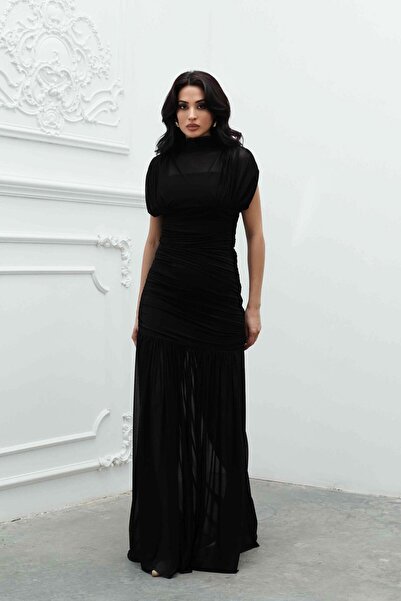 Serica Moda Siyah Büzgü Detaylı Tül Elbise