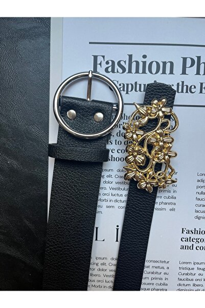 LİA KEMER Advantageous Set of 2 Daisy Patterned Gold Buckle Belts and Round Patterned Silver Buckle Belts