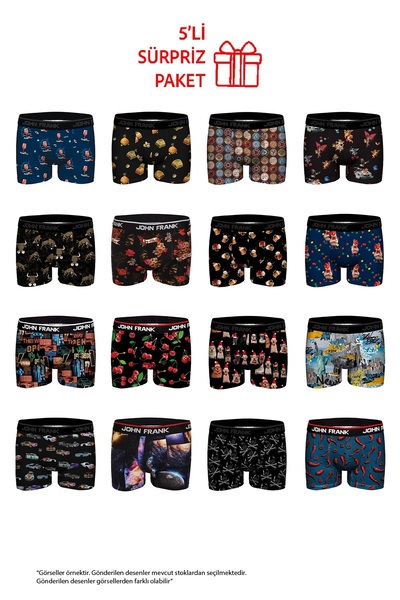 John Frank Erkek Boxer 5’li Karışık Desen Sürpriz Paket – %95 Pamuk%5 Elastan
