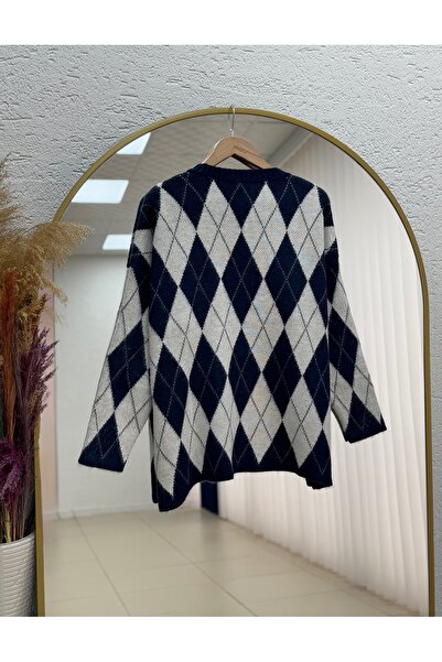 MİHRA STORE Adriana Baklava Pattern Knitwear Sweater-Zi̇5581 Navy Blue