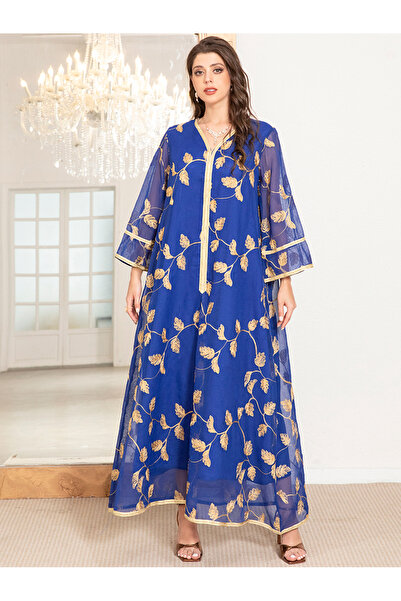 FridayIn Elegant style V-neck Jacquard Flowers Embroidery Flared sleeve Kaftan