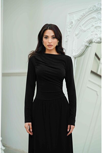 Serica Moda Siyah Büzgü Detaylı Uzun Kollu Kloş Etekli Elbise