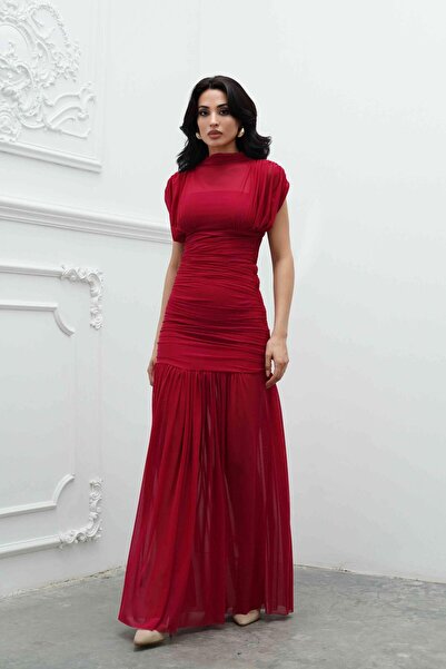 Serica Moda Fuchsia Ruched Detail Tulle Dress