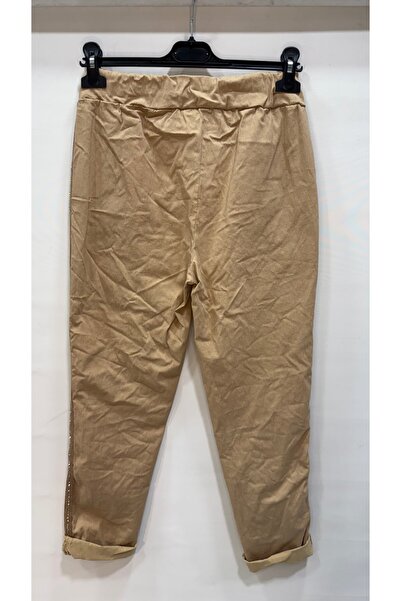 della moor Women's Camel Italian Pants with Stone Stripes on the Sides L Stretch Fabric