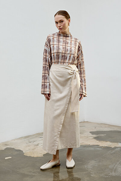 LADYA COLLECTION Κρεμ Χρώμα Λινό Μακριά Φούστα Νερίνα με Λεπτομέρεια Δέσιμο σ...