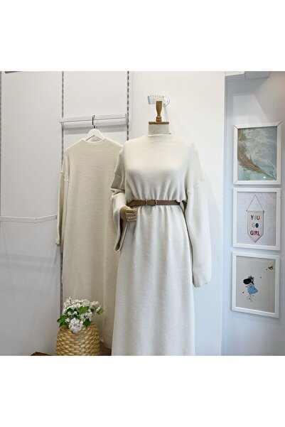 Faya Boutique Ekru Peluş Triko Elbise
