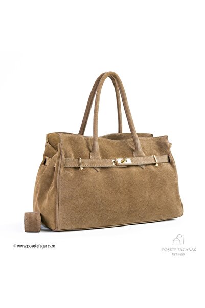 Posete Fagaras Poseta Piele Celina - Piele Intoarsa - Taupe Deschis, 3 Compartimente, 2 Buzunare, Bareta Nereg.