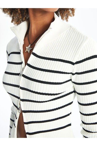 LC Waikiki Long Sleeve Striped Stand Collar Women's Knitwear Cardigan