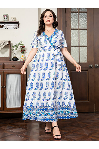 FridayIn Elegant style V-neck Flowers Splicing Lining Regular sleeve Plus Size Dresses