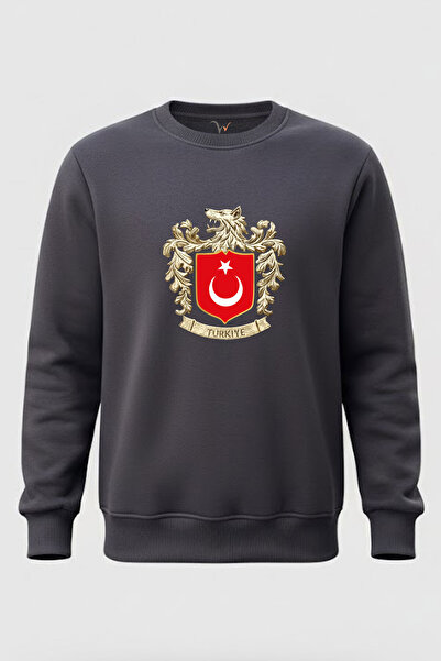 WİDİ Gray Wolf Symbol Turkey and Turkish Flag Wolf Printed Regular Fit 3 Thread Raised 100% Cotton Sweatshirt