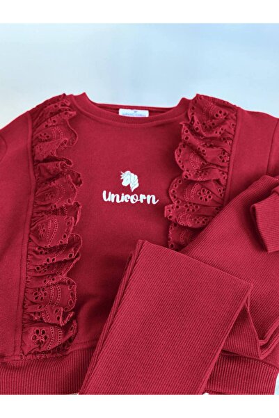 Butik Ruffled Unicorn Printed Corded Fabric Tights Set - Red