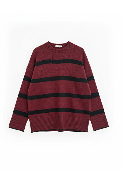 studio fashion 1988 Kadın Kahve Beyaz Çizgili Bisiklet Yaka Yumuşak Oversize ...