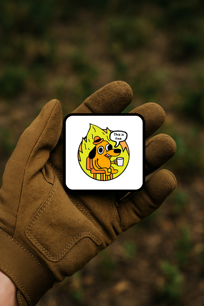 AHWALL ملصق/شارة/شعار مضحك يصور كلبًا يشرب القهوة في غرفة ملتهبة مع عبارة 'هذ...