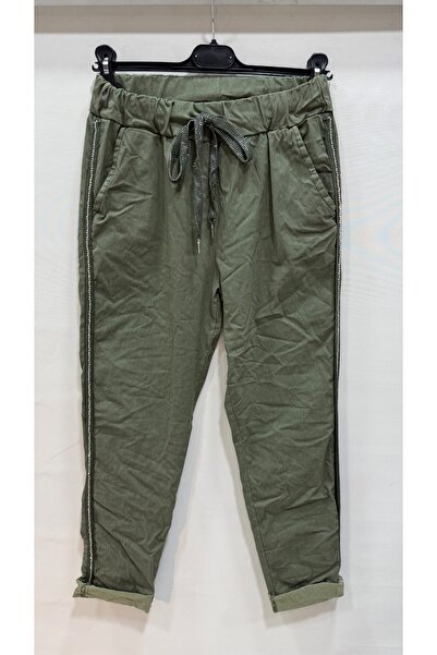 della moor Women's Khaki Italian Pants with Stone Stripes on the Sides L Stretch Fabric