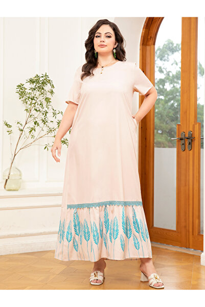 FridayIn فساتين بمقاسات كبيرة بنمط العطلة، تباين الألوان، زهور، جيب، تطريز، د...