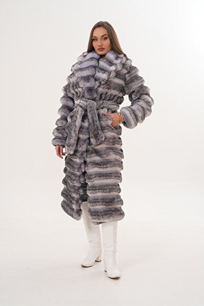 NAVY Full Length Chinçila Patterned Coat