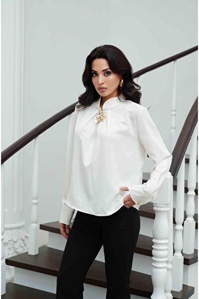 Serica Moda White satin blouse with high neck and buckle detail