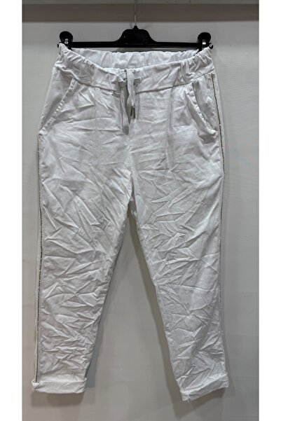della moor Women's White Italian Pants with Stone Stripes on the Sides L Stretch Fabric