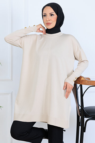 benguen Knitted Tunic with Buttoned Sleeves N7005 Stone Color