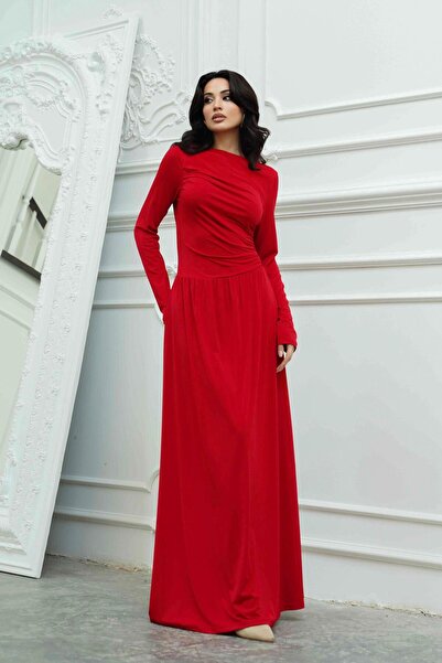 Serica Moda Rochie roșie detaliu încrețit cu mâneci lungi și fustă evazată