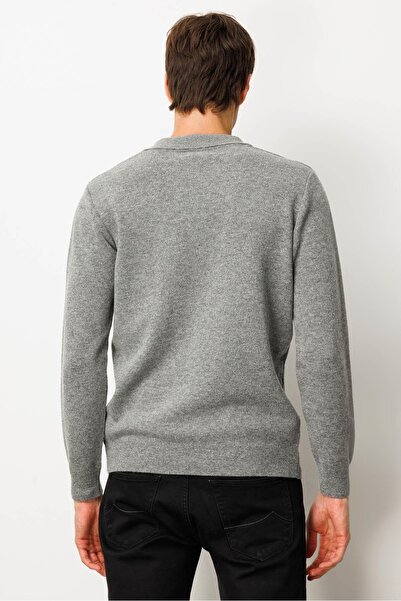 Desen Triko Men's Polo Neck Woven Check Wool Sweater Y. Dark Gray