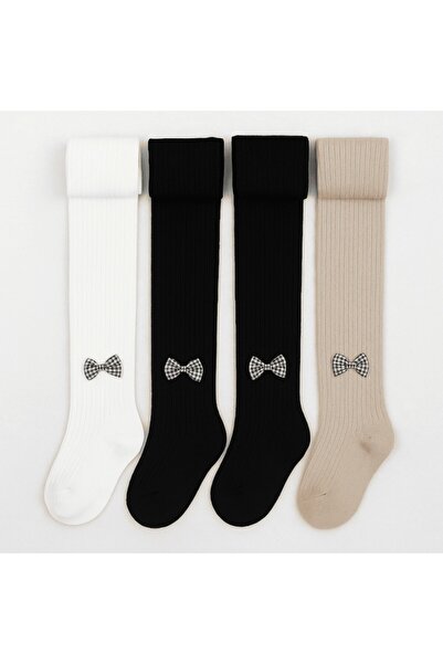 Mixbo children's footed tights with plaid bow, thick cotton, 0-6 months, cream