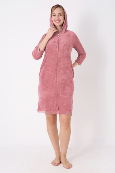 İntensive Φόρεμα από βαμβακερή πετσέτα καφέ γαλακτώδους χρώματος με με κουκούλα τσέπες με φερμουάρ και μανίκια τριών τετάρτων