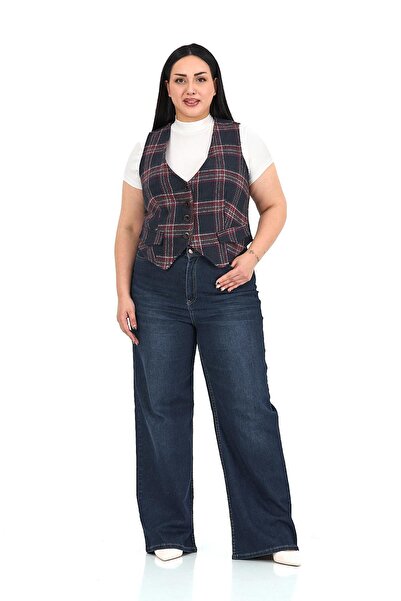 DISENTIS MODEST Plus Size Button Closure Pocket Flap Lined Short Navy Blue Vest