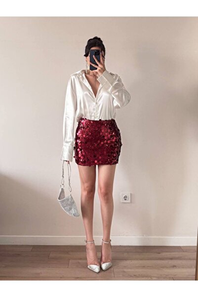 LOCH BUTİK Women's Sequin Red Mini Skirt