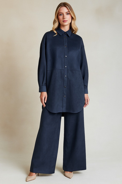 Doque 56056 ÖNDEN ÇITÇITLI GÖĞÜSÜ DETAYLI OVERSİZE SÜET PANTOLONLU TAKIM #10-25#