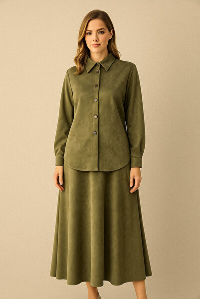 Doque 56051 ÖNDEN ÇITÇIT DÜĞMELİ ETEĞİN BELİ MANŞETLİ CEPLİ SÜET ETEKLİ TAKIM #10-25#