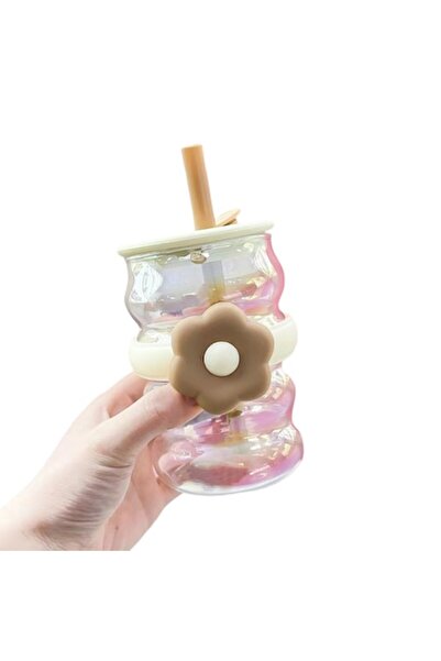 Mixbo straw cup, flower design, glass, cream, 520 ml