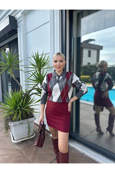 For Angels Diamond Patterned Polo Collar Sweater