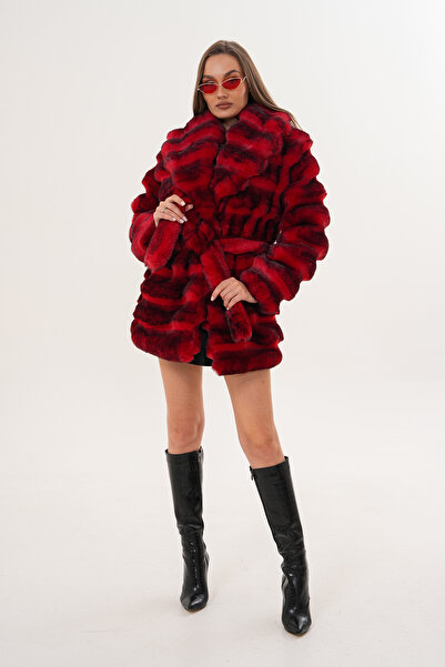 NAVY Midi Length Chinçila Patterned Coat