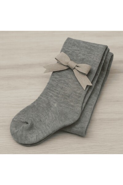 Mixbo - Children's tights, thick cotton, cream bow, light grey, 1-2 years