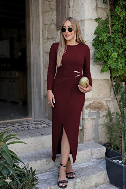 Viyamo Yeni Sezon Kadın Uzun Kollu Şık Sandy Elbise Önden Çapraz Yandan Tokalı Tasarım